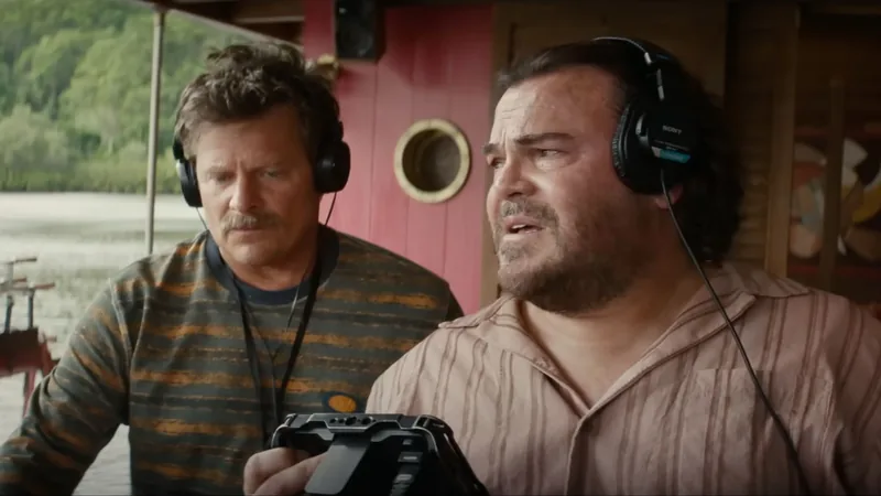 Anaconda film still of two cast members wearing headsets and holding game controllers